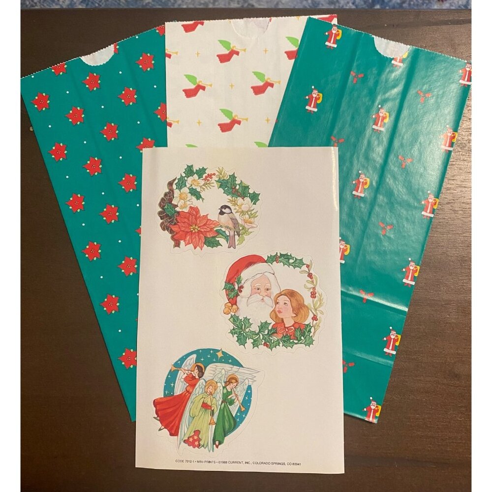 Vintage 1988 Set of 3 Current Gift Bags & Seals (Stickers Christmas Angels Santa